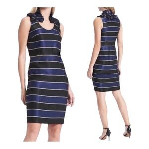 Banana Republic Striped Ruffled Neckline Shift Blue Black Silver Dress Sz 2